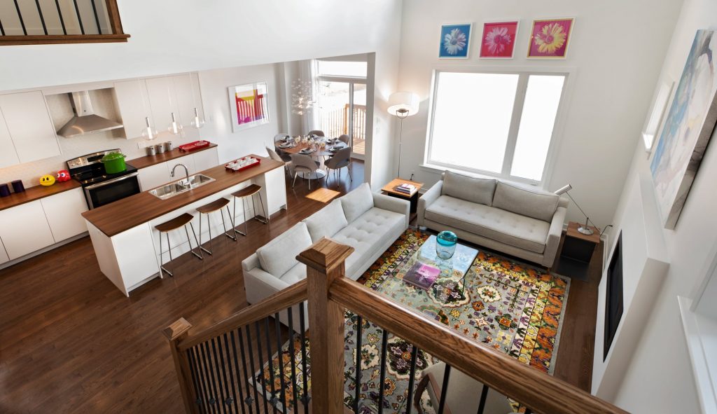 Fernbank Crossing - Living Room, Kitchen, & Dining Space with Fireplace & Staircase