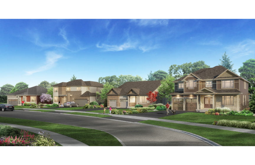 Suburban street with lovely homes and people on front lawn